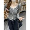 Lace Faux Two-Piece Long-Sleeve T-Shirt for Women - 2025 Spring Slim Style with Bow Detail