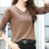 Long Sleeve Solid Plus Sizes [ODFMCE] Women's T-Shirt, Autumn, V-Neck, Cotton, Color, Stylish, (JP, Alphabet, M, Brown)