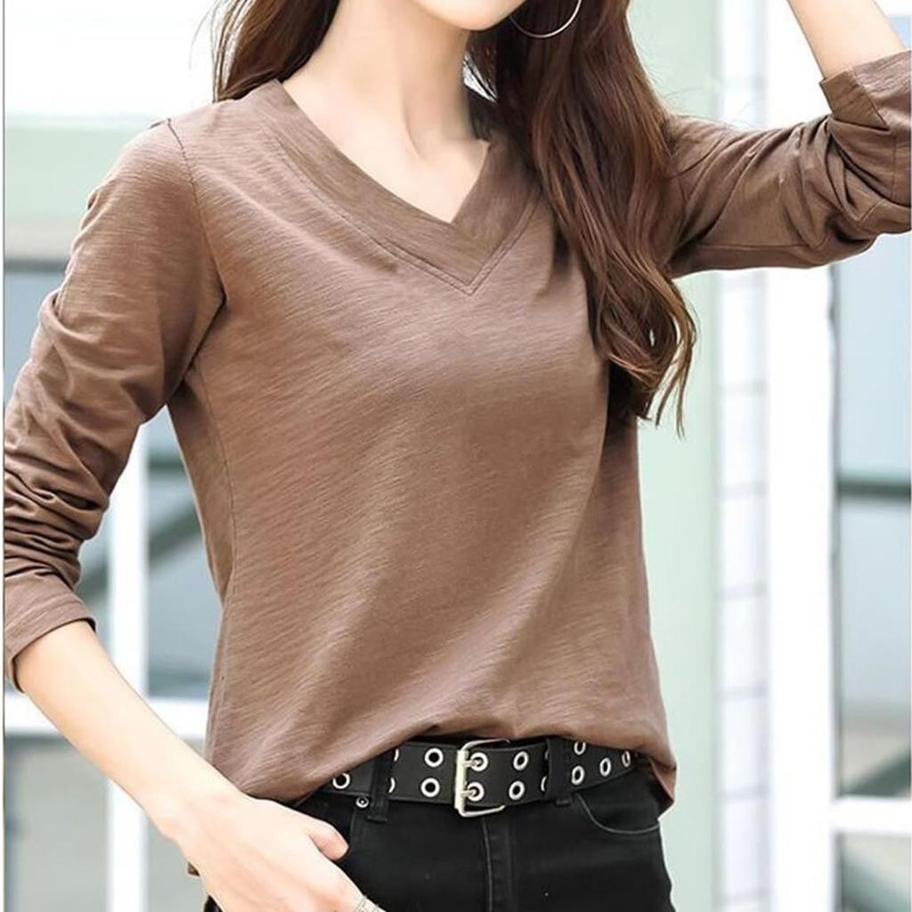 Long Sleeve Solid Plus Sizes [ODFMCE] Women's T-Shirt, Autumn, V-Neck, Cotton, Color, Stylish, (JP, Alphabet, M, Brown)