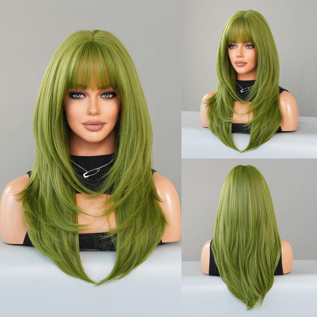 European and American Style Women's Party Wig Vanilla Green Long Straight Wig Layered Synthetic Full Wig