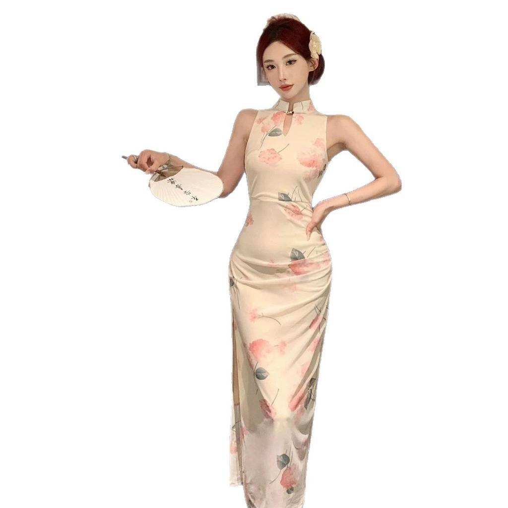 New Chinese National Style Improved Cheongsam Dress Women's Summer Mesh Skirt Sexy Tight Split Hip Wrap Mid-length Dress