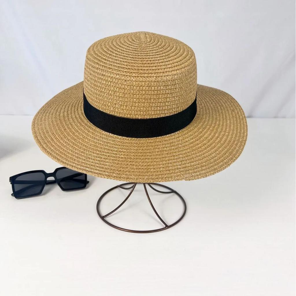 Flat Top Straw Hat Summer Travel British Style Wide Brim Sun Hat Beach Braided