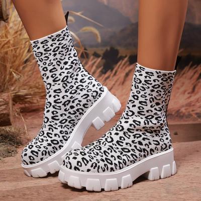 Leopard Print Women's Sock Boots New Knitted Elastic Fabric Ankle Boots Fashionable Plus Size Short Tube Women's Boots 43
