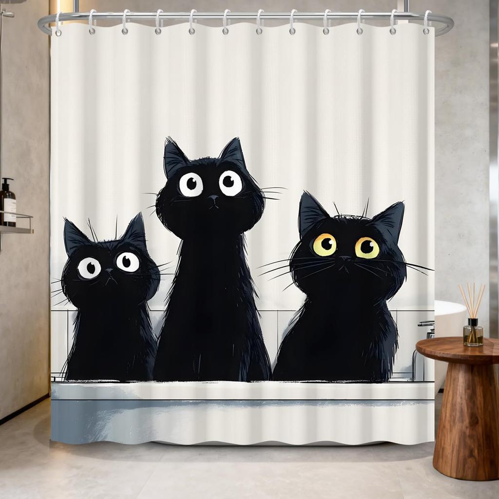 Waterproof Fabric Shower Curtain-Cute Black Cat Animal Print Bathroom Curtain for Kids, Funny Bath Curtain with Hooks Bathroom
