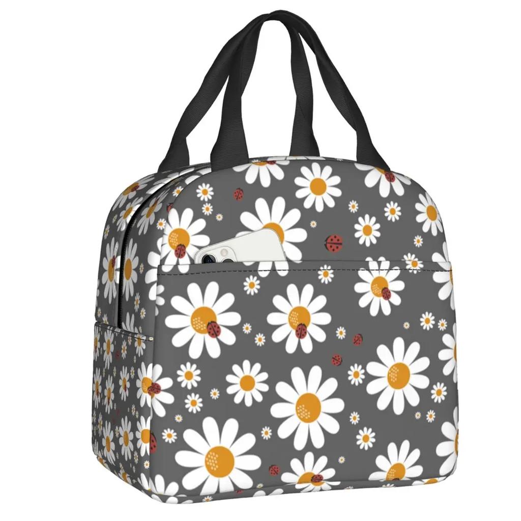 Custom Daisy Floral Lunch Bag Women Cooler Thermal Insulated Daisies Flower Lunch Box for Kids School Work Picnic Food Tote Bags