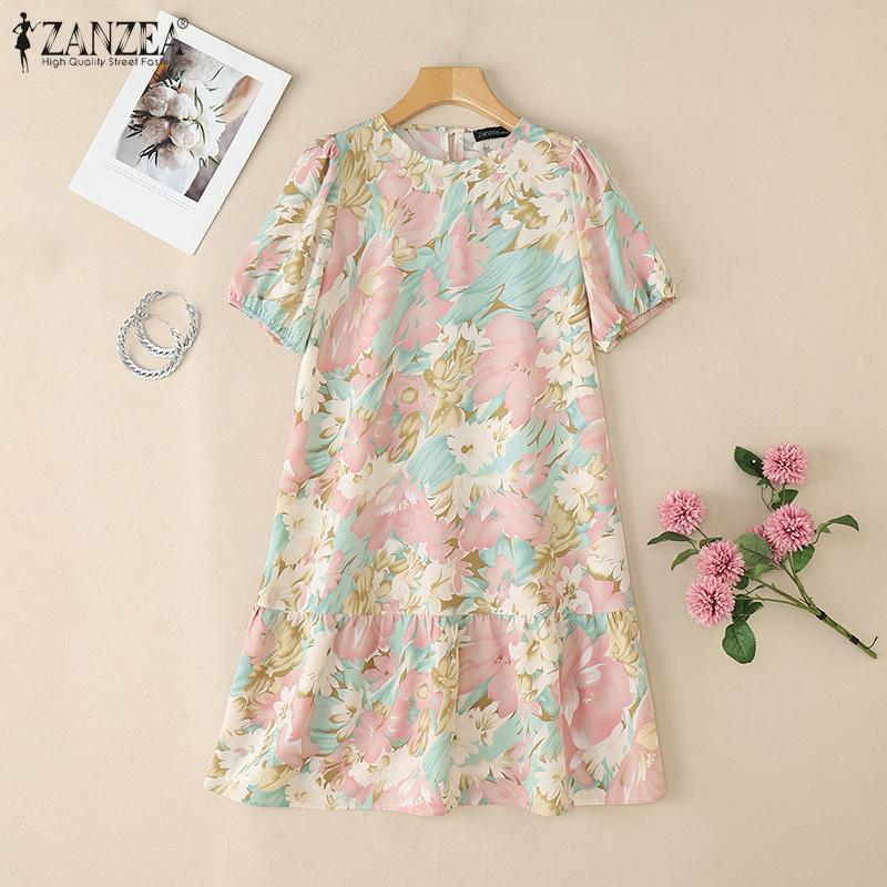 ZANZEA Dámské letní ležérní šaty s kulatým výstřihem a krátkým rukávem s květinovým vzorem