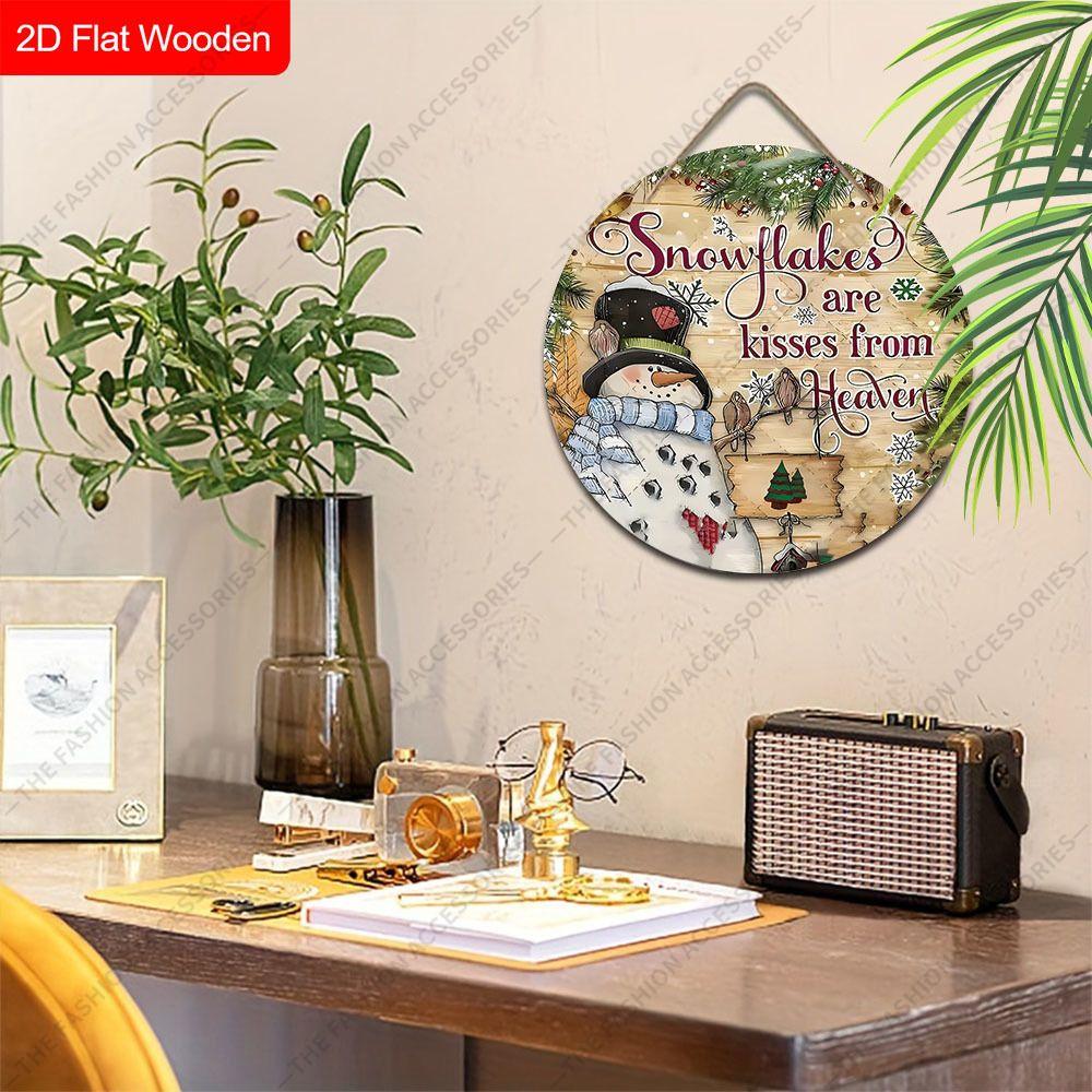 Snowflakes Are Kisses From Heaven Snowman Round Wooden Hanging Sign, 2D Flat Printed Christmas Wall Door Ornament, Winter Xmas Home Decor Gift