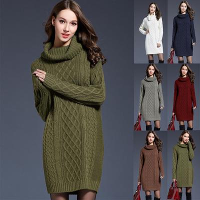 Herbst-Winter-Damen-Übergröße, langärmeliges Strickpulloverkleid, modischer langer Rollkragenpullover für Damen.