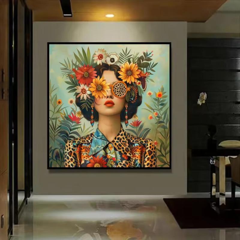 Beautiful Woman with Glasses Flower Canvas Wall Art Painting Posters and Prints Women Wall Art Picture Room Decor Picture