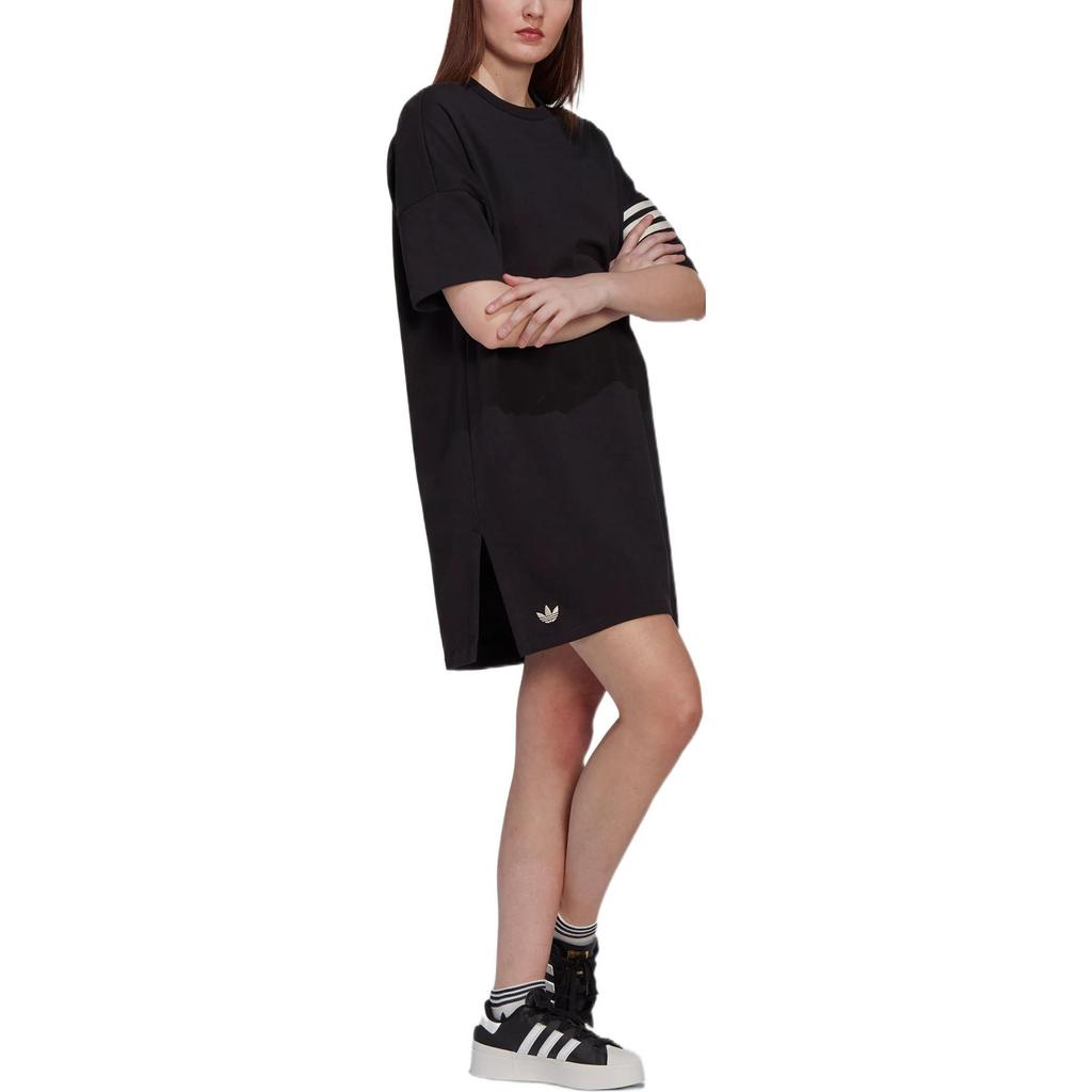 adidas Originals Kleeblatt Gestreift Rundhals Gerader Schnitt Kurzarm Kleid Damen Kleid Schwarz HM1773
