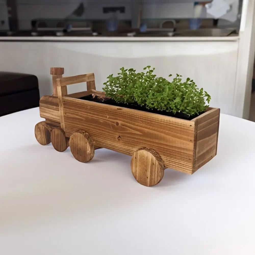 Pastoral Style Wooden Train Flowerpot Vintage Personality Plant Pot Creative Cartoon Flower Vase Living Room