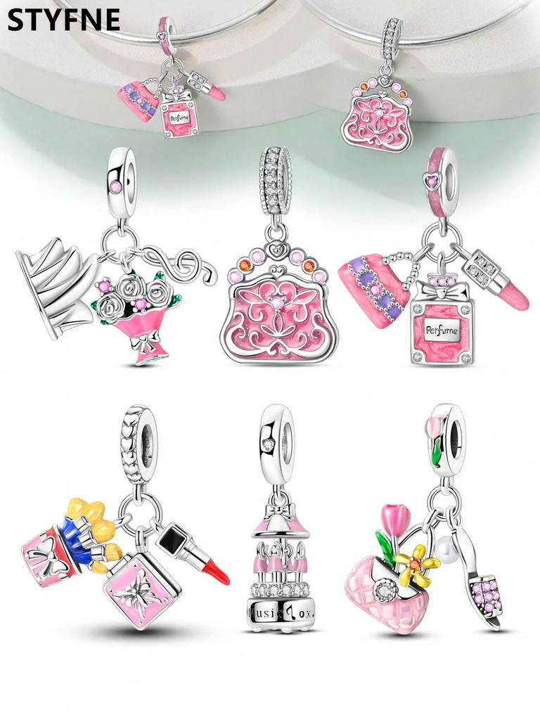 Charms Platacopper Colors Pink Bag Cosmetics Beads Charm Pendant For Original Bracelet For Women Diy Jewelry Love Gift