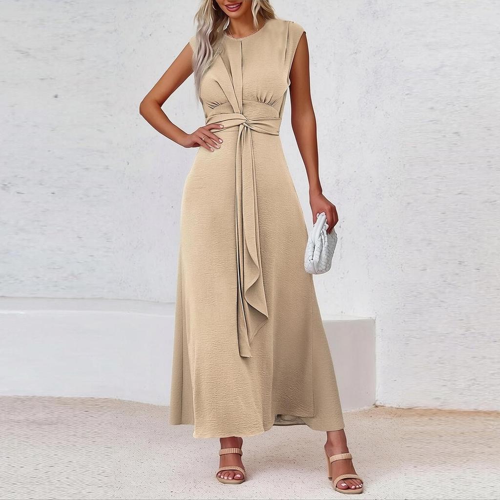 Women's Fashion Casual -Color Waist-Tied Long Sleeveless Dress