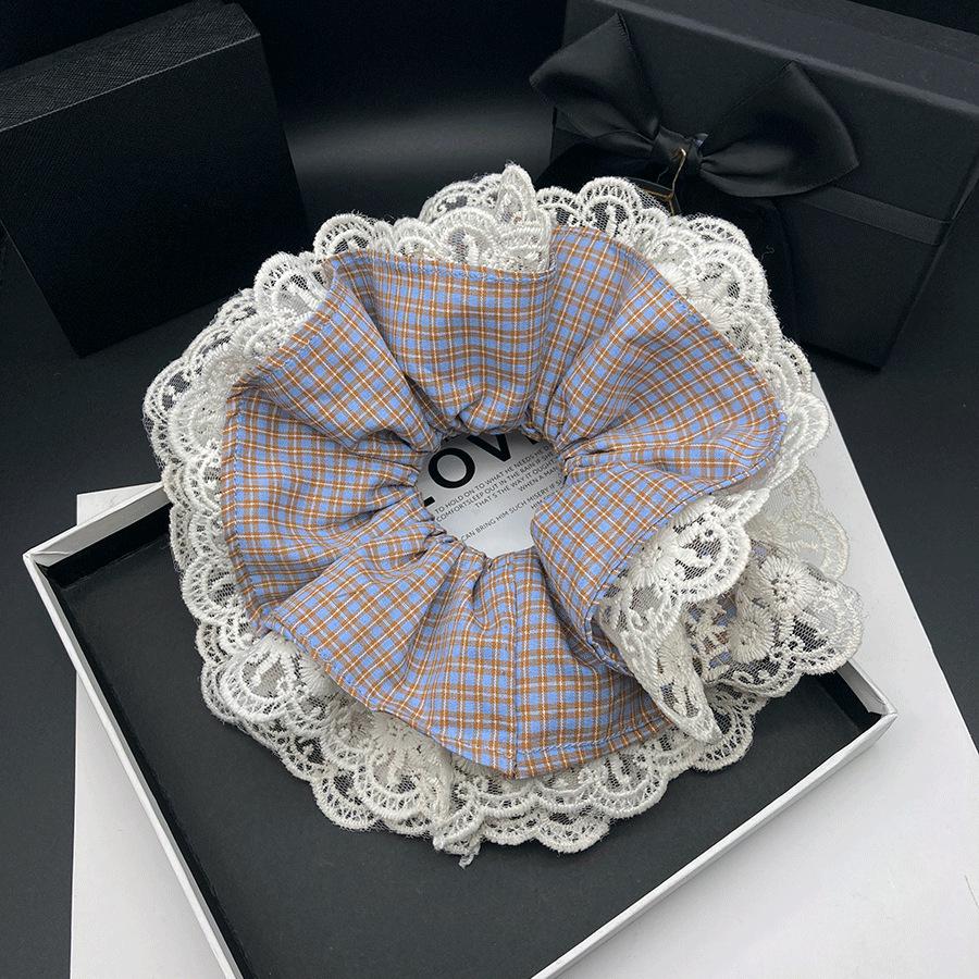 Korean-Style Plaid Patchwork Scrunchie with Lace Trim - 2025 Niche Design Hair Accessory