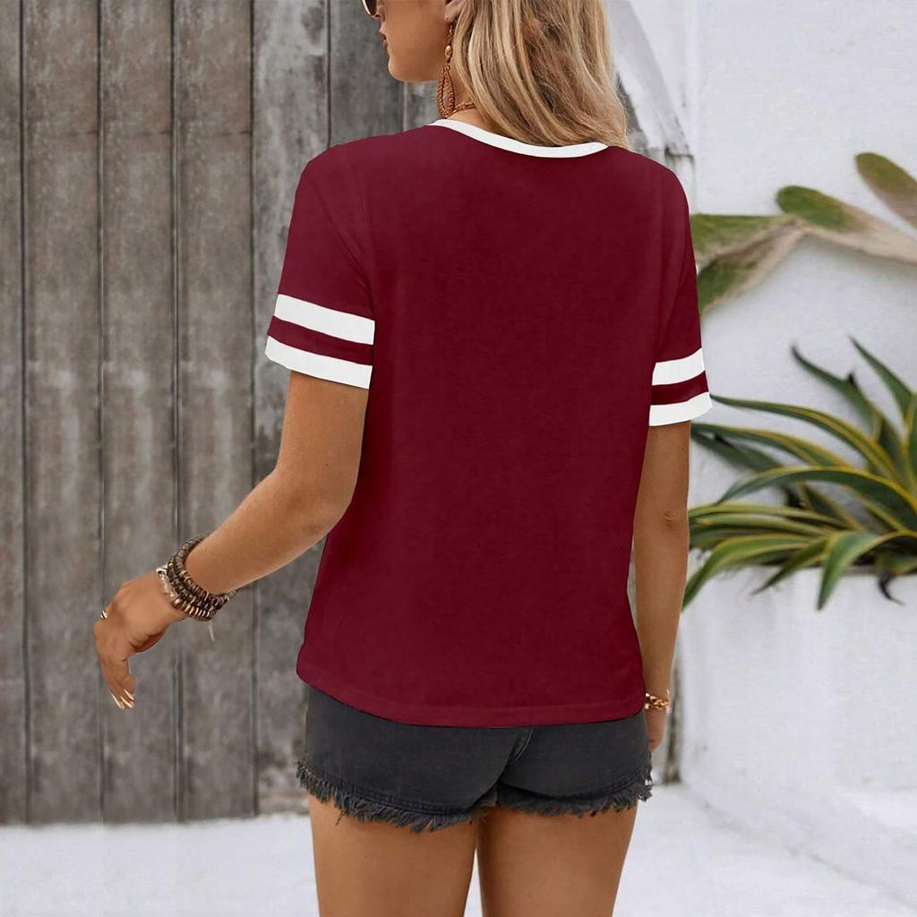 Women Summer  Top  Vacation Short Sleeve V Neck Loose Fit Shirt Spring Fashion Casual Clothes
