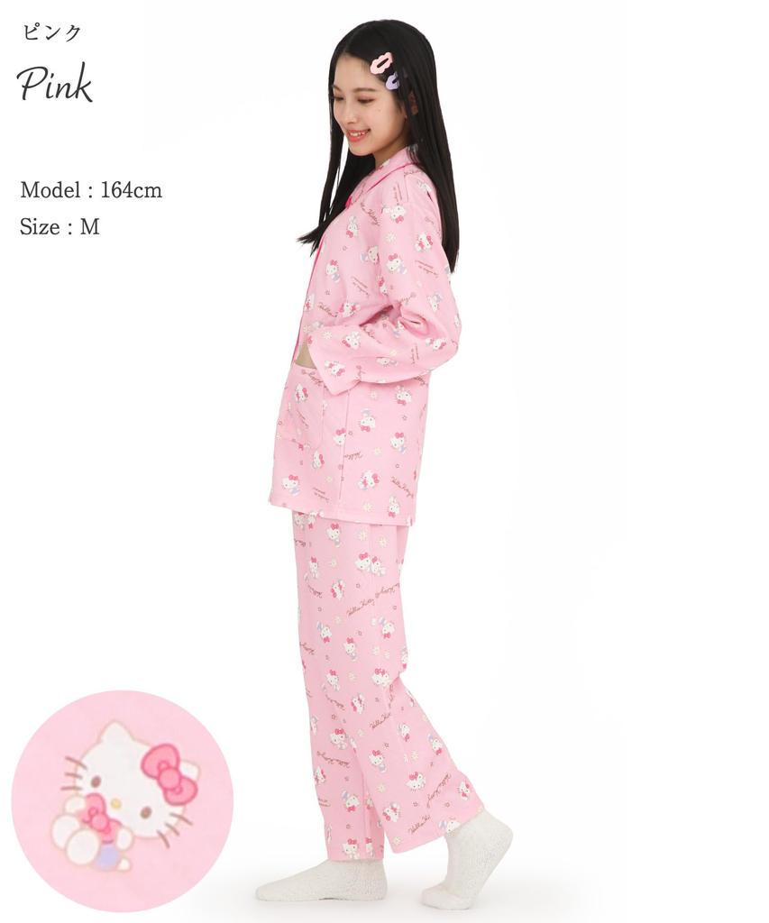 SAZAC Hello Kitty Knitted Quilted Shirt Long Sleeve and Pants Loungewear Women's Pajamas, Set, (Pink/M/SAN1854)