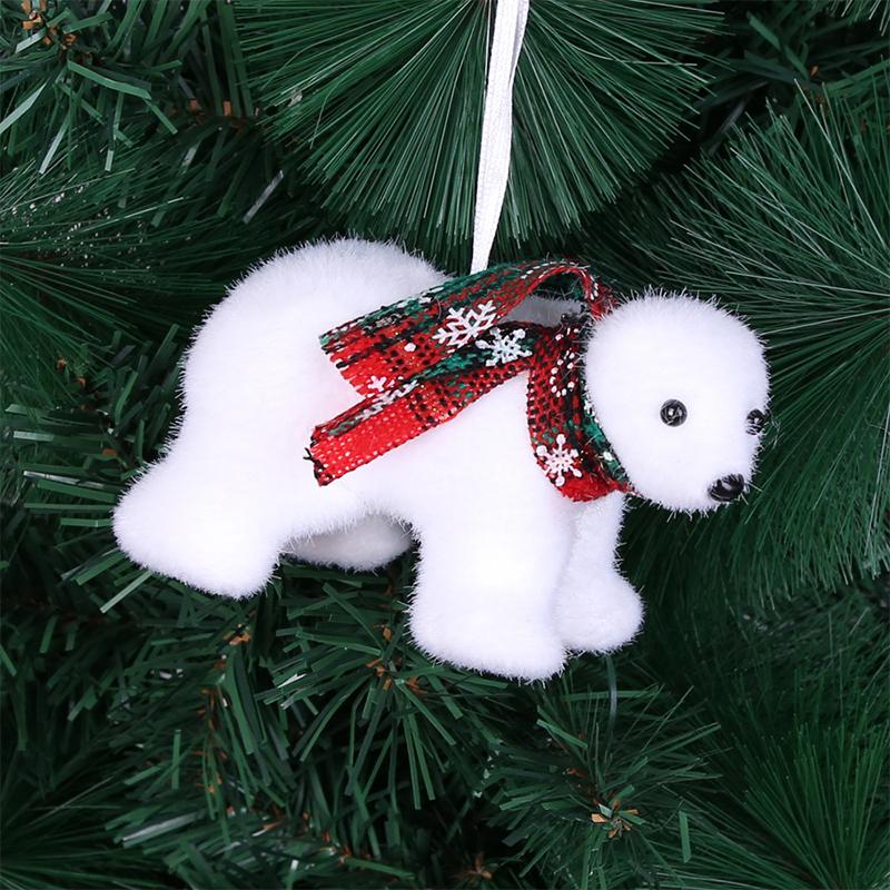 Christmas Cute Flocking White Bear Christmas Tree Ornaments Xmas Hanging Tree Pendants Toy Decoration Gift For Girl Boy Kid