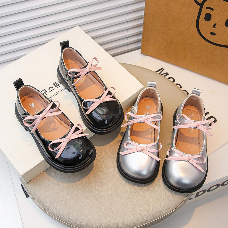 Spring Girl's Mary Janes Sliver Black Bowknot Elegant Kids Leather Shoes Chunky Round Toe Beautiful Chic Children Flat Shoe26-36