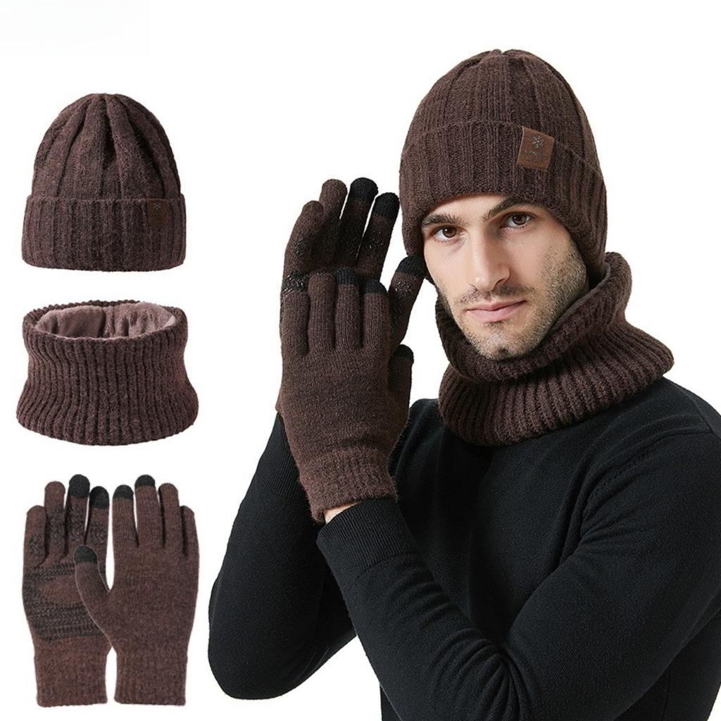 Men and Women, Warm Hat, Knitted Hat, Thick Scarf, Warm Gloves, Three Piece Set