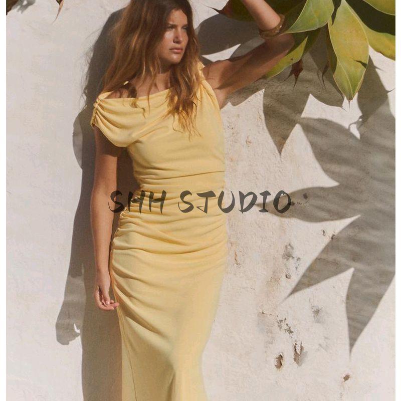 Spring New Women's Clothing French Vacation Style Minimalist Ruched Asymmetric Midi Skirt Dress 2477262