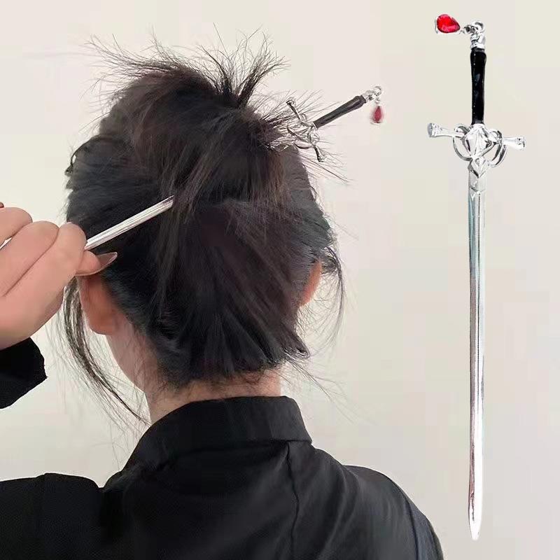 Antik Kılıçlar Kadınlar Kızlar İçin Saç Tokası Çin Tarzı Antik Kılıç Başlığı Su Damlası Saç Çubukları Narin Saç Aksesuarları