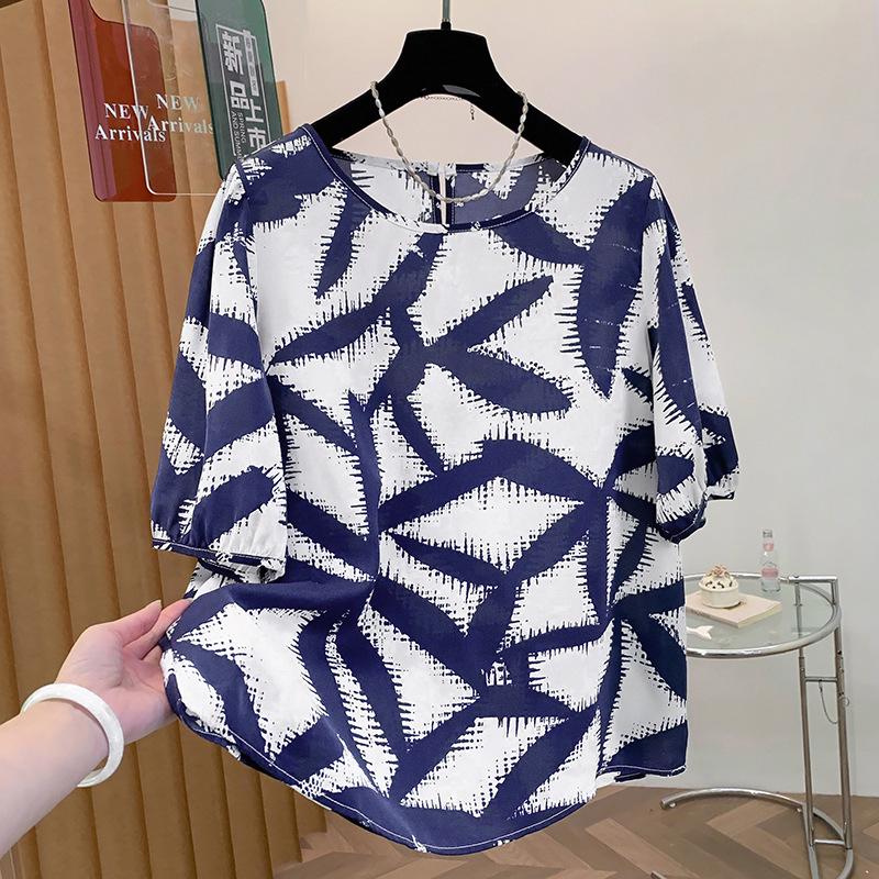 Plus Size Women s Retro Satin Print Short Sleeve Top - Summer 2026 Style L синий