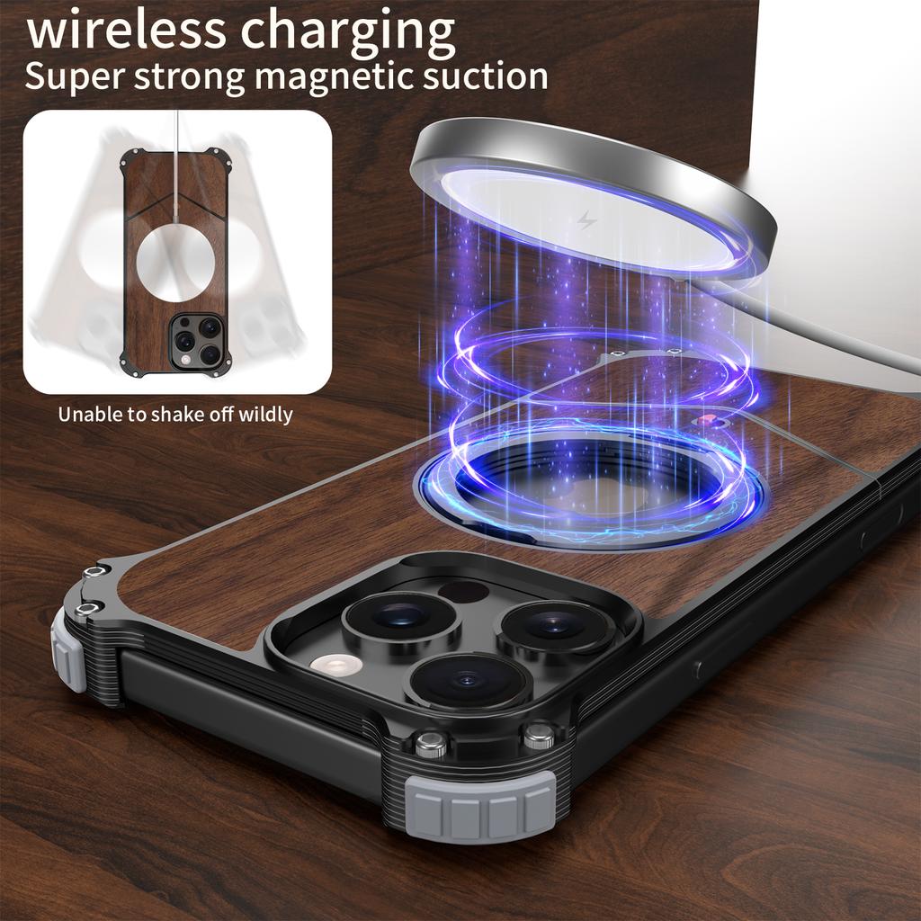 Voor iPhone 16 Pro Max Magnetische Hoes Hout + Metaal Boardless Telefoon Achterhoes met Ring Kickstand