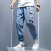 Summer Casual Loose Washed White Light-colored Jeans Men's Stitching Harlan Waist Nine-point Pants