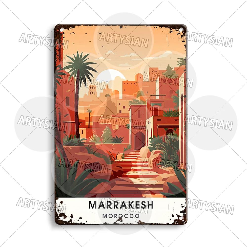 Maghreb Travel Cityscape Metal Sign Alger Algeria Djerba Tunisia Chefchaouen Morocco Marrakesh Zarzis Oran Tiaret Kabylie