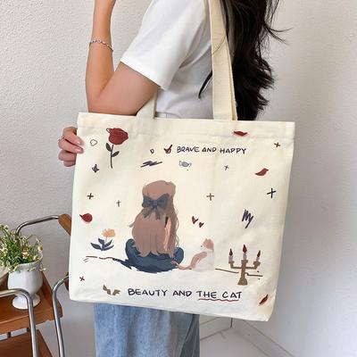 Bolsa de Lona Feminina Estudante Universitária Bolsa de Aula Bolsa Fofa para Deslocamento Bolsa de Ombro de Grande Capacidade