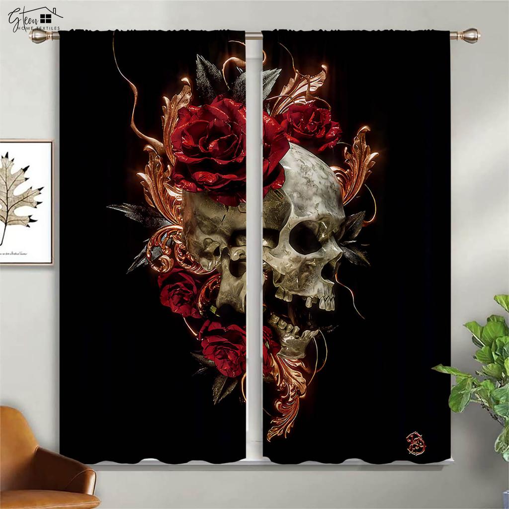 Blackout Insulation Curtains Floral Skull Print Curtains Suitable for Halloween Restaurant Living Room Party Decoration Curtains