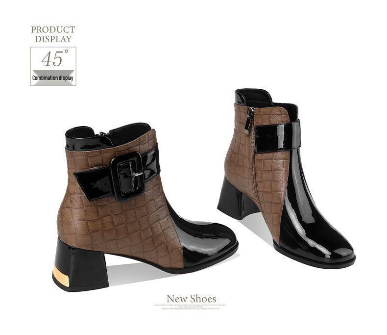 Women's 2025 Autumn/Winter British Style Fleece-Lined Square Toe Chunky High Heel Ankle Boots