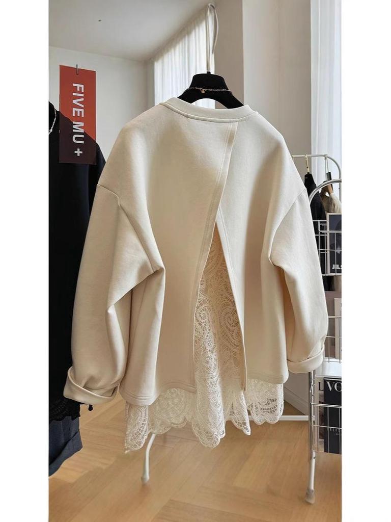 Women's 2024 Lace Splicing Faux Two-Piece Round Neck Sweatshirt - Spring/Autumn Casual Loose Fit