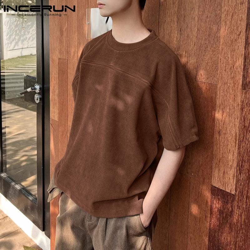 INCERUN Men Short Sleeve Hollow Patchwork Zip-up Casual Loose T-shirts