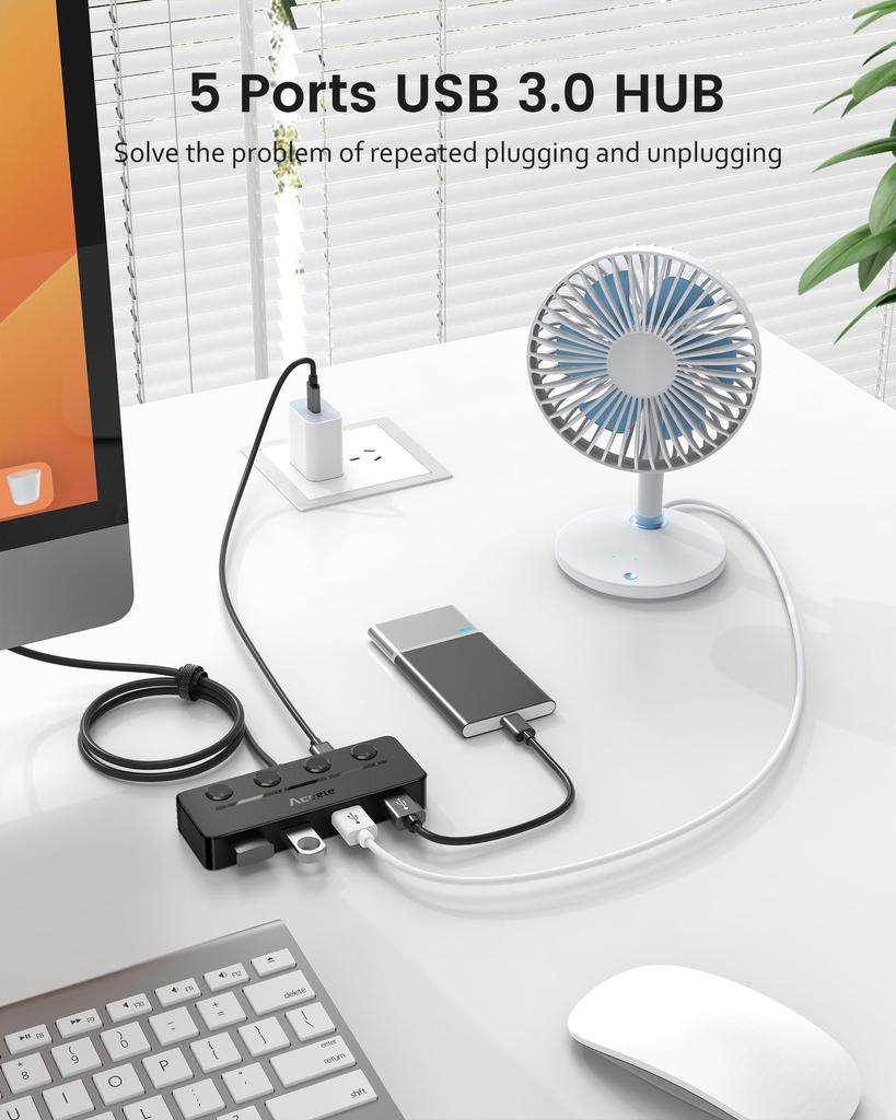 Aceele USB C 5 USB A Power Supply Direct Independent LED Indicator 5Gbps High Speed 100cm Extension USB Work from Compatible with Hub, Ports, 3.0 Hub,