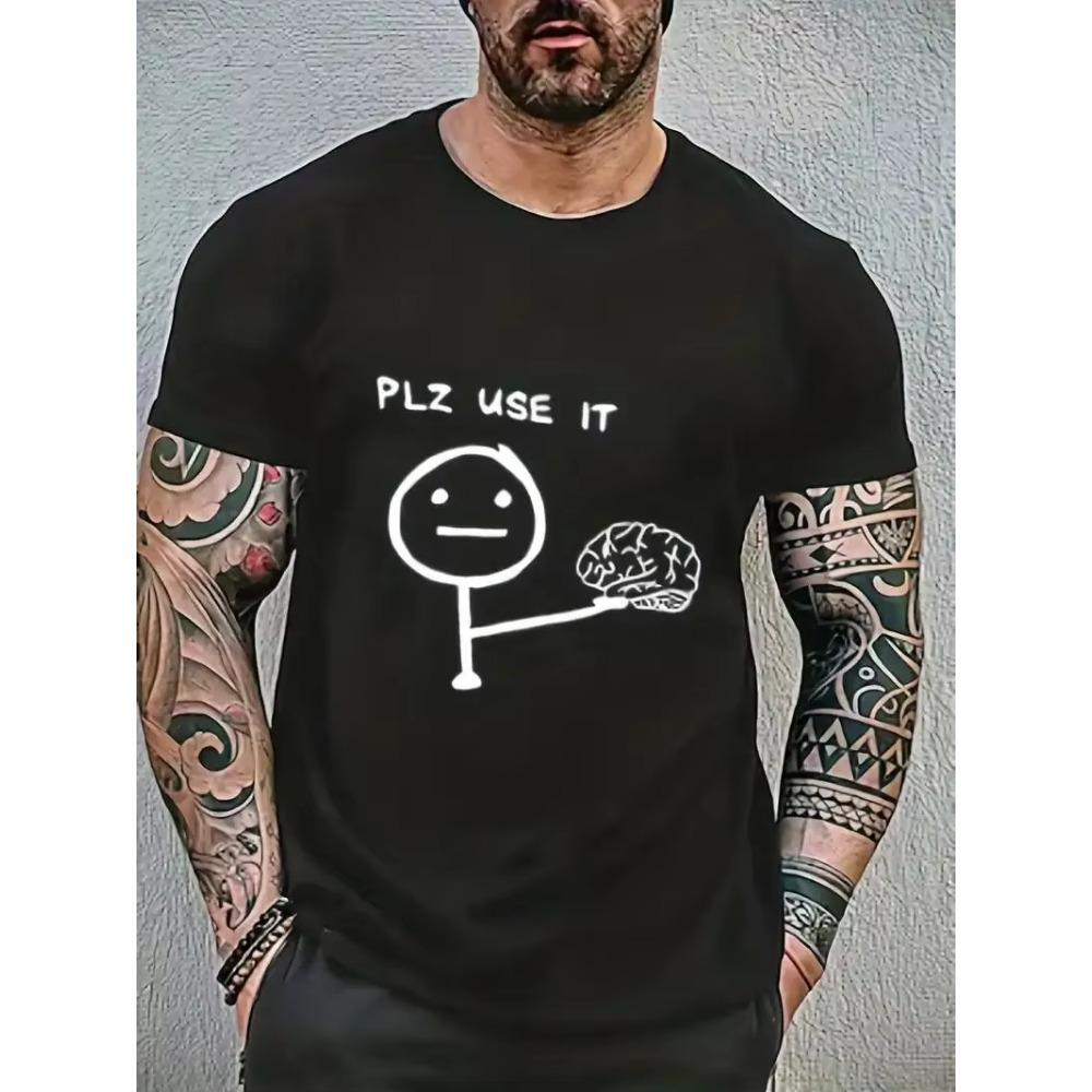 PLZ USE IT Brain Cartoon Printed Men's Fun Short Sleeve Crew Neck T-Shirt Graphic Cotton T-Shirt Casual Summer Pajamas Top