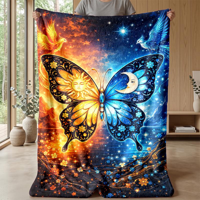 Sun Moon Butterfly Theme Blanket Lightweight Warm Flannel Blanket Decorative Throw Blanket for Home Decoration