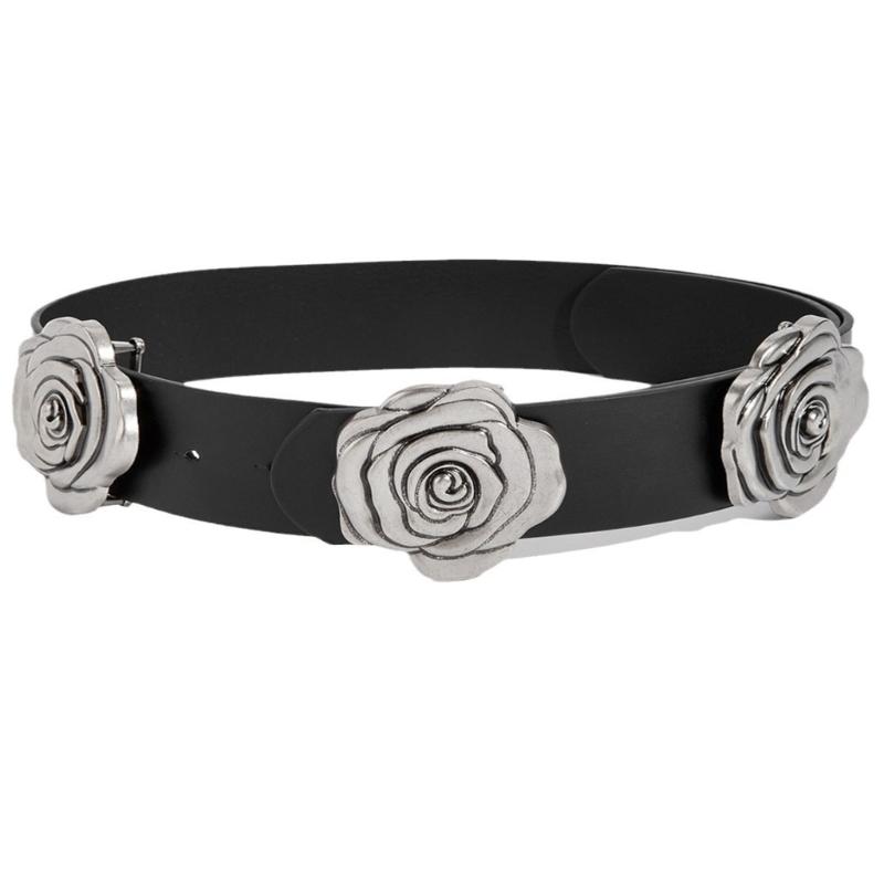 

Elegant Adjustable Women Wide Belt With Retro Rose Buckles Soft PU Leather Strap Suitable For Jeans Dresses Occasion 1 чорний