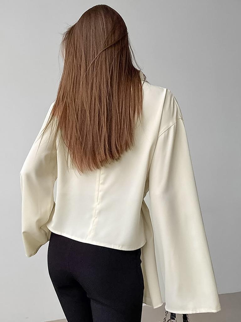 Chiffon High-End Slit Women's Shirt Spring Summer New Arrivals Apricot Color Ruched Long Sleeve Top for Women