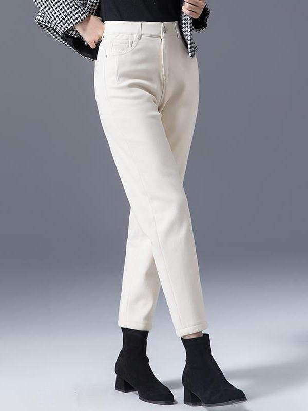 Women's Plus Size High-Waist Off-White Denim Jeans with Velvet Lining - Loose Fit Harem Style for Autumn/Winter 2024