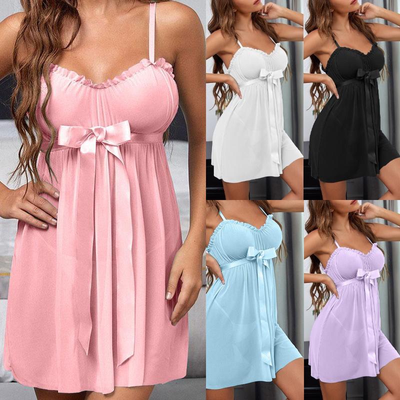 

Женщины Без рукавов Спагетти Ремешок Мини Платье Frill Hem Bowknot Декор Sheer Mesh Babydoll Нижнее белье Пижама Платье