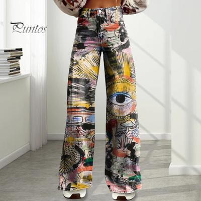 Women Retro Casual Pants Mid-rise Button Zipper Fly Wide Leg Long Trousers with Pockets Digital Floral Print Leisure Trousers Streetwear