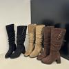 Suede Vintage Two Wear Fold High Heel Pile Boots Long Boots Thick Heel Brown Maillard Western Knight Boots