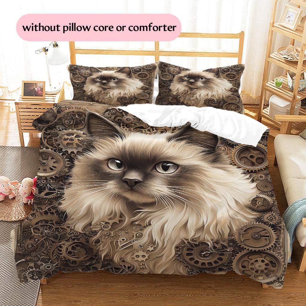 Gear Cat Pattern Bedding Quilt Set Quilt Cover Pillowcase Home Decoration Gift (1 * duvet cover + 2 * pillowcase, without core)