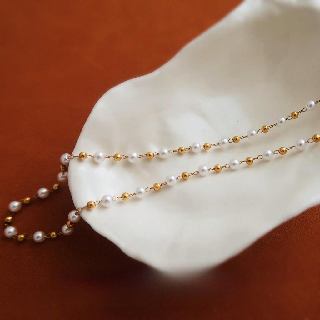 Imitation Pearl Necklace Small Gold Color Beads Beaded Clavicle Chain French Retro Necklace Stainless Steel Jewelry