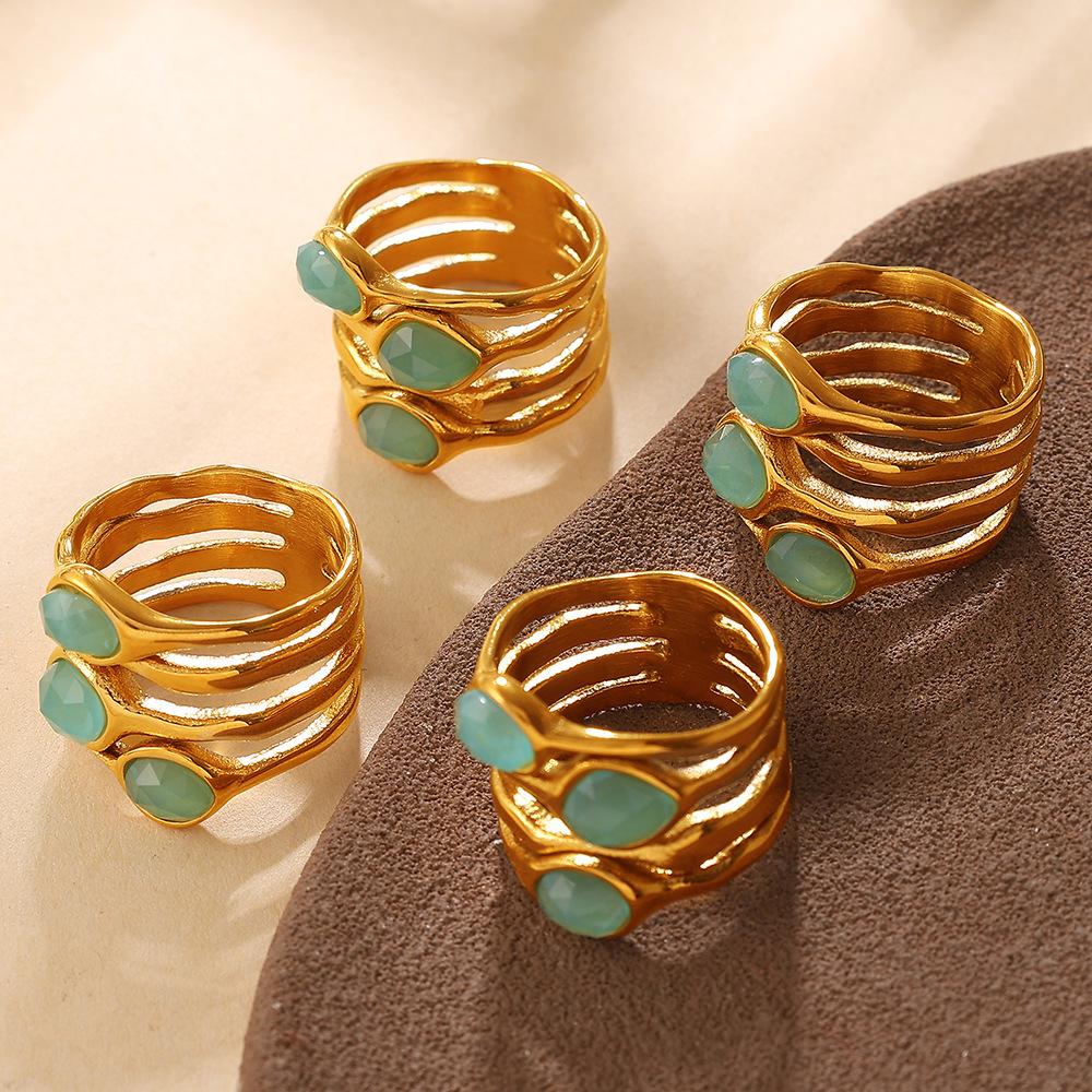 Atmospheric Natural Stone Hollow Multi-layer Wave Ring, 18K Gold Plated Stainless Steel High-end Ring