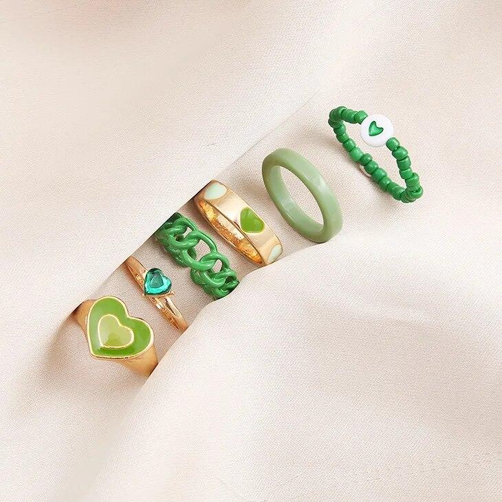 New Green Crystal Heart Kunckle Rings Set For Women Enamel Yin Yang Geometric Finger Ring Girls Fashion Jewelry