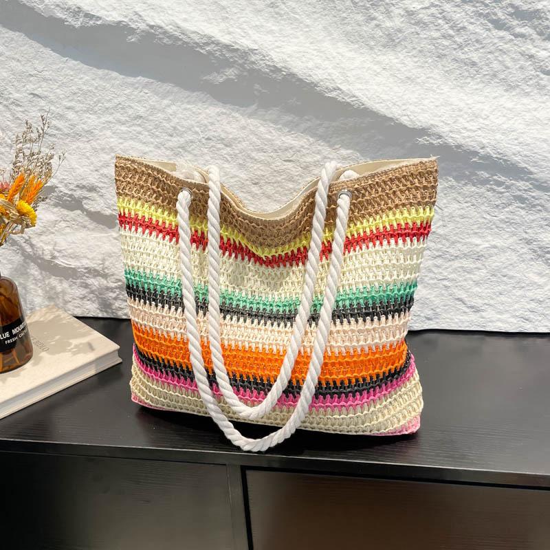 Casual Beach Handbag Strip Weave Bag Large Capacity Lazy Style Rainbow Beach Bag Bohemian Style Hollow Tote Bag Streetwear CLE