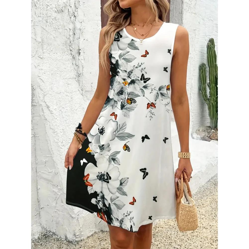 Robe débardeur d'été simple et colorée à imprimé floral sans manches Style vacances d'été Décontractée Confortable Douce Respirante Ample Robe mini pour femme