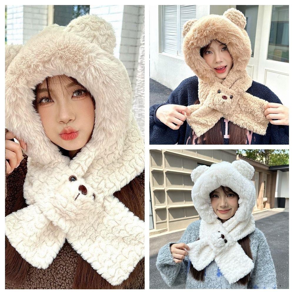 Warm Bear Ear Hat Solid Color Winter Neckerchief Fashion 2 in 1 Plush Scarf Ski